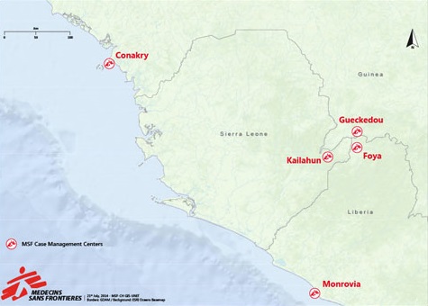 Léčebná centra Lékařů bez hranic v Sierra Leone, Guineji a Libérii.