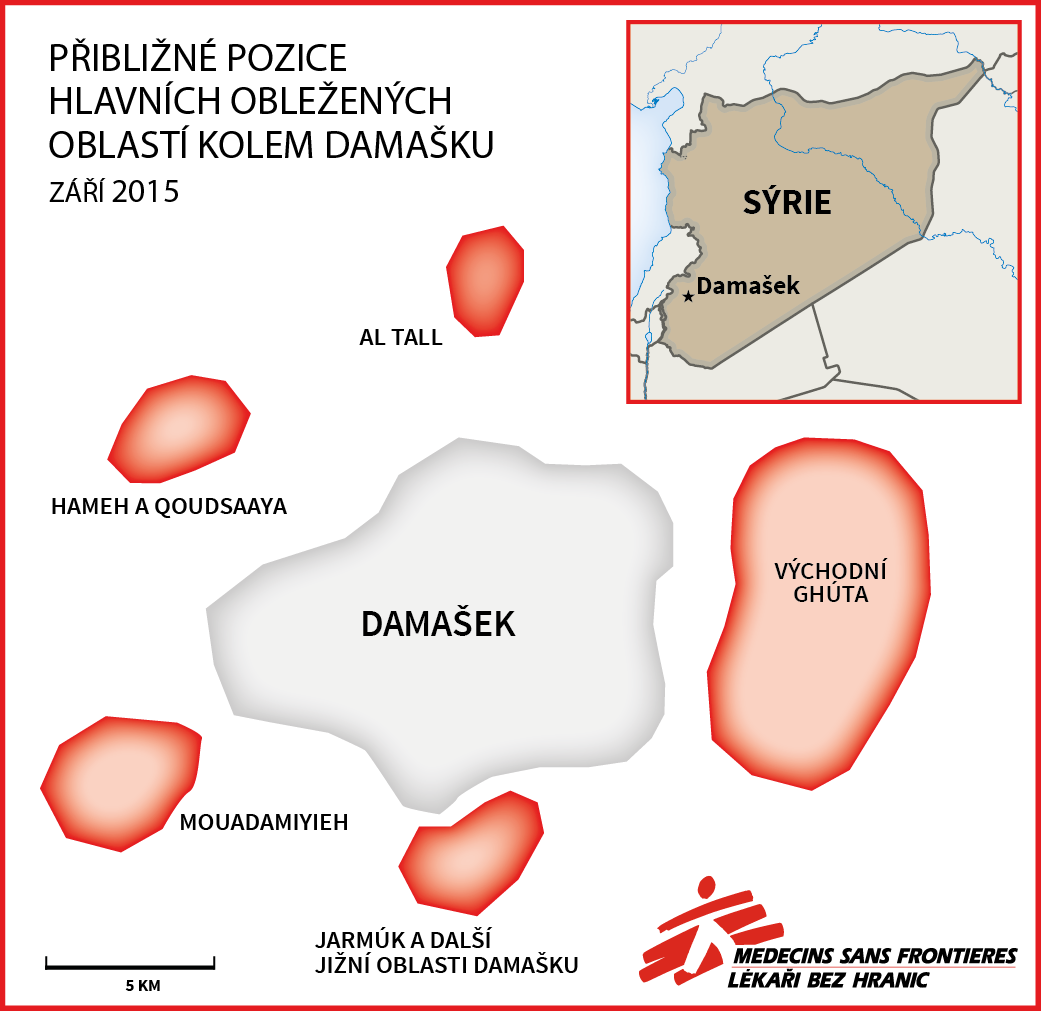 Přibližné pozice hlavních obležených oblastí kolem Damašku